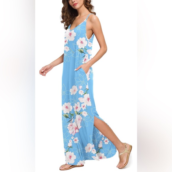 Dresses & Skirts - Women's Summer Light Blue Maxi Dress Long Side Pockets Double Side Slits Floral